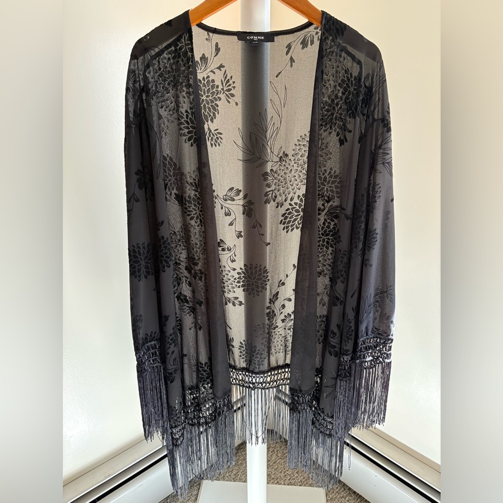 Women’s Black Floral Kimono with Fringe